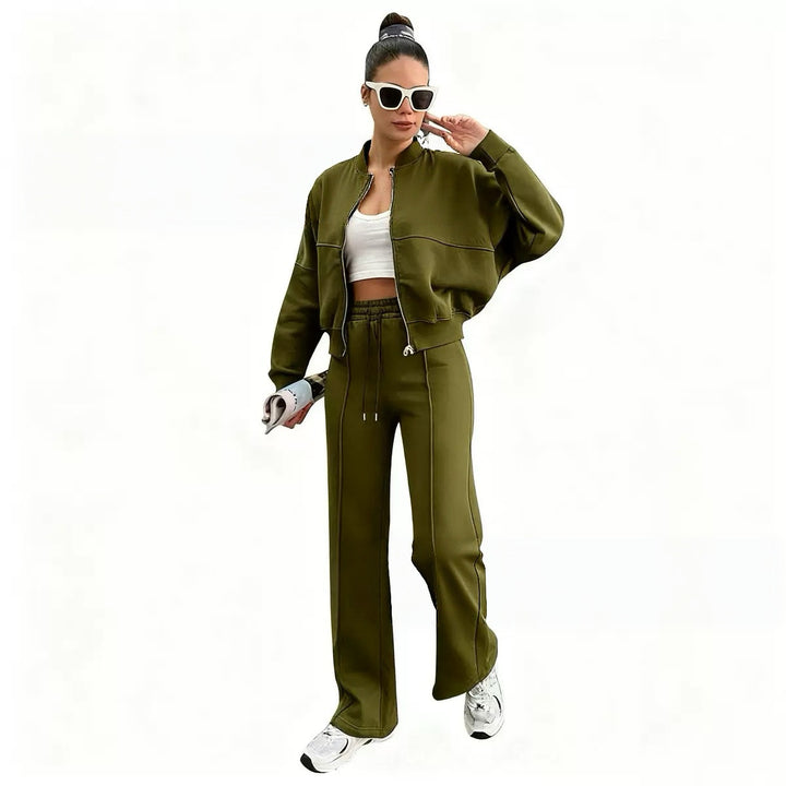 Damen nan kurz geschnittenes Blouson mit Reißverschluss und weiter High-Waist Jogginghose Set Echo Archiv