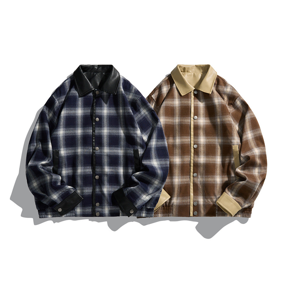 Herren Karierte Overshirt‑Jacke aus Flanell mit Kunstleder‑Details und Druckknopfleiste Echoarchiv