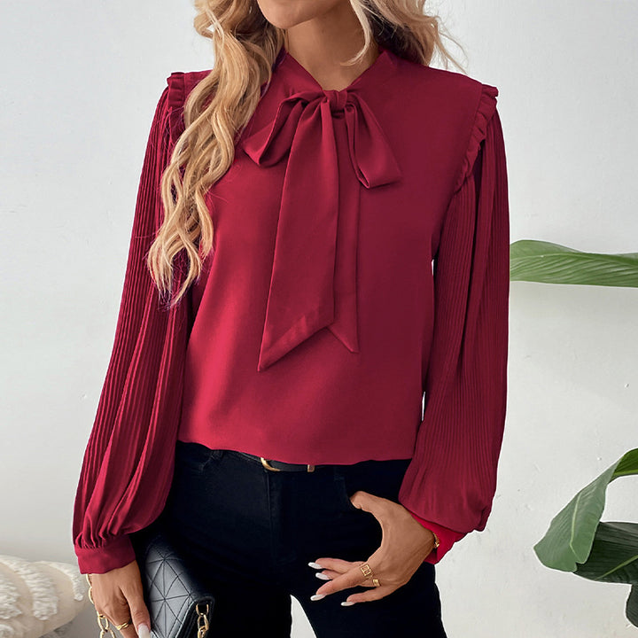 Damen Plissierte Chiffon-Bluse mit Schleifenkragen, Ballonärmeln und Rüschendetail Echoarchiv
