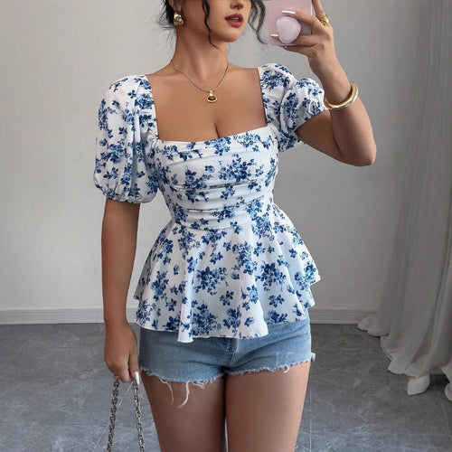 Damen Raffiniertes Oberteil mit Puffärmeln und floralem Design Echo Archiv