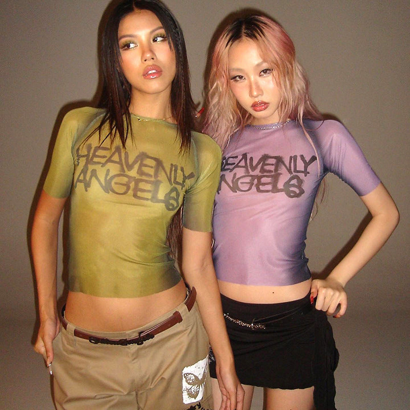 Damen transparentes Kurzarmshirt mit grafischem Schriftzug Echo Archiv