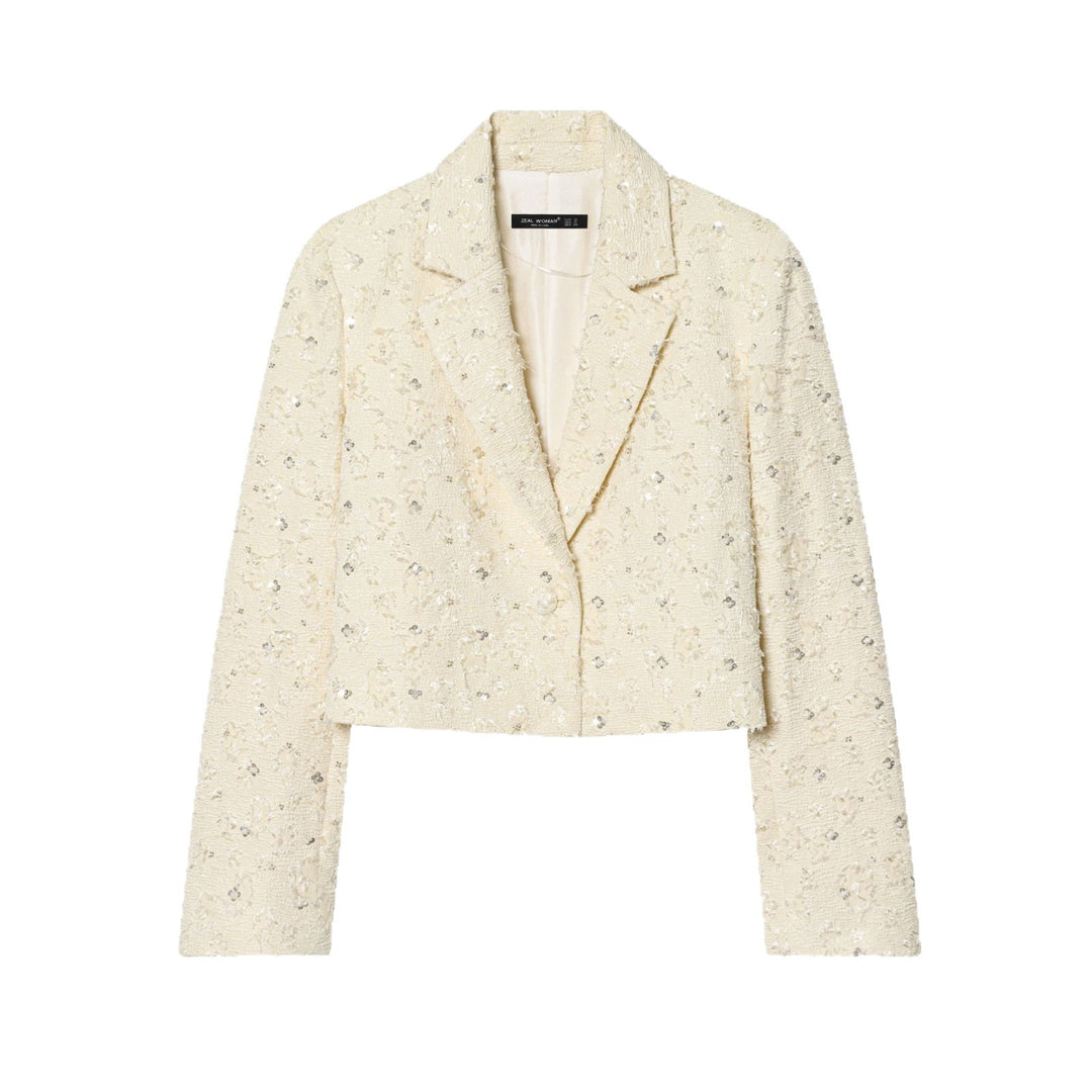 Damen Kurzer Bouclé-Blazer mit Paillettenbesatz und Reverskragen Echoarchiv