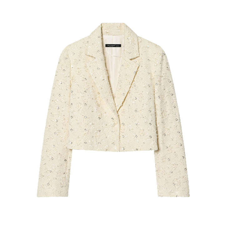 Damen Kurzer Bouclé-Blazer mit Paillettenbesatz und Reverskragen Echoarchiv
