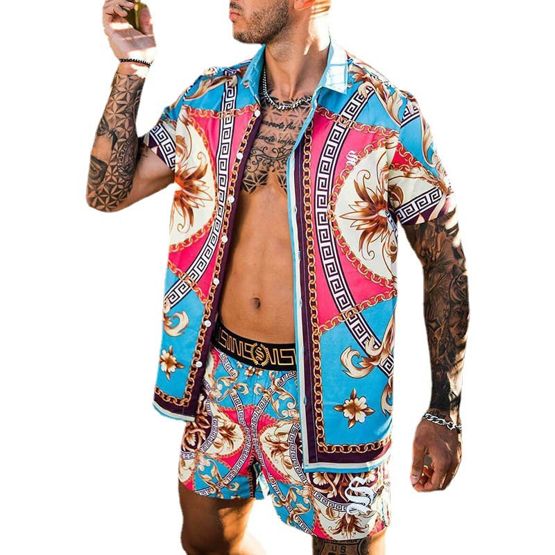 Männer Lebhaftes Tropenprint Kurzarmhemd und Passende Badehose Set Echoarchiv