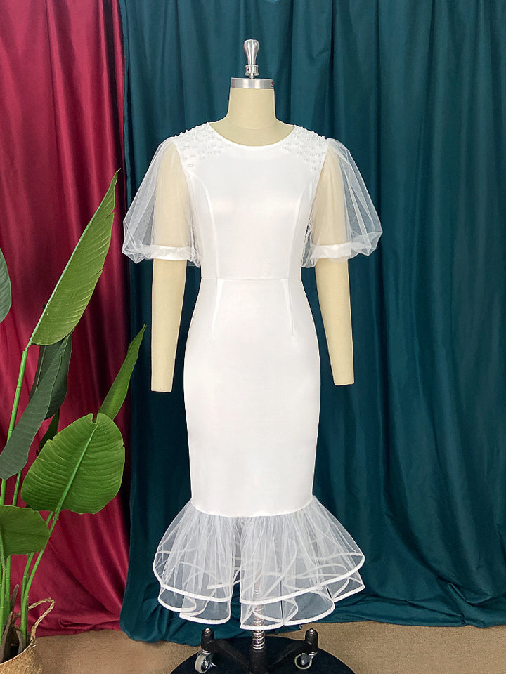 Damen Elegantes Maxikleid mit voluminösen Tüllärmeln und Rüschensaum Echo Archiv