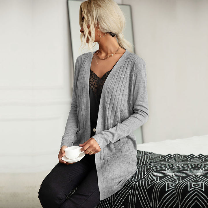 Damen Langer Feinstrick-Cardigan mit Rippenstruktur und Eingrifftaschen Echoarchiv