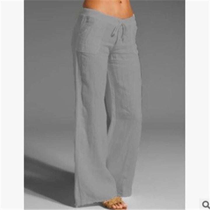 Damen weite Leinenhose mit hochgezogenem Bund und seitlichen Taschen Echoarchiv
