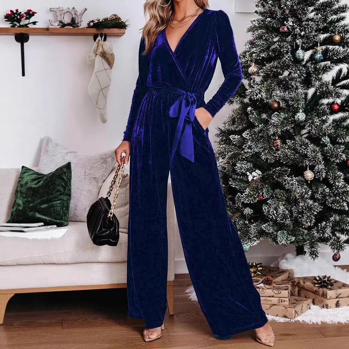 Damen Samt‑Jumpsuit mit Wickel‑V‑Ausschnitt, weitem Bein und Taillengürtel – Solévia