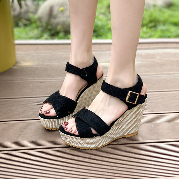 Damen nan Espadrille-Keilabsatz-Sandalette mit gekreuzten Veloursriemen und verstellbarer Schnallenlasche Echo Archiv