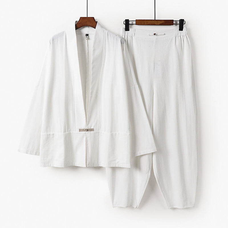 Herren Zen-Relax-Set mit offener Kimono-Jacke, dekorativem Knebelverschluss und tapered Harem-Joggpants Echoarchiv