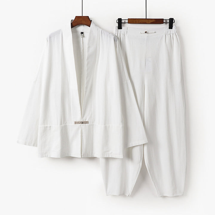 Herren Zen-Relax-Set mit offener Kimono-Jacke, dekorativem Knebelverschluss und tapered Harem-Joggpants Echoarchiv