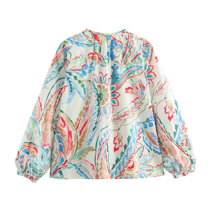 Damen Leichte Viskose-Bluse mit Aquarell‑Floralprint, V‑Ausschnitt und Ballonärmeln Echo Archiv