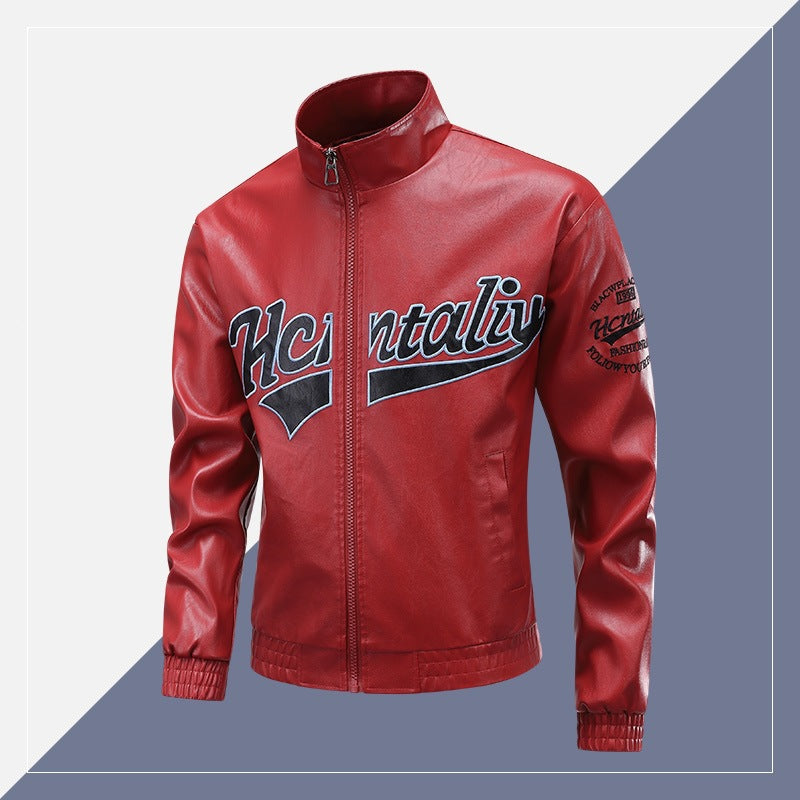 Herren Lederimitat-Bomberjacke mit Stehkragen, Logostickerei & Frontzip Echoarchiv