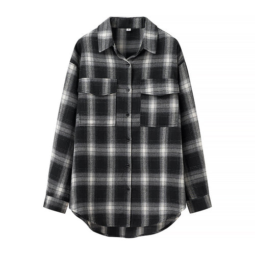 Damen Oversize‑Karo‑Hemdbluse mit aufgesetzten Brusttaschen und abgerundetem Saum Echo Archiv