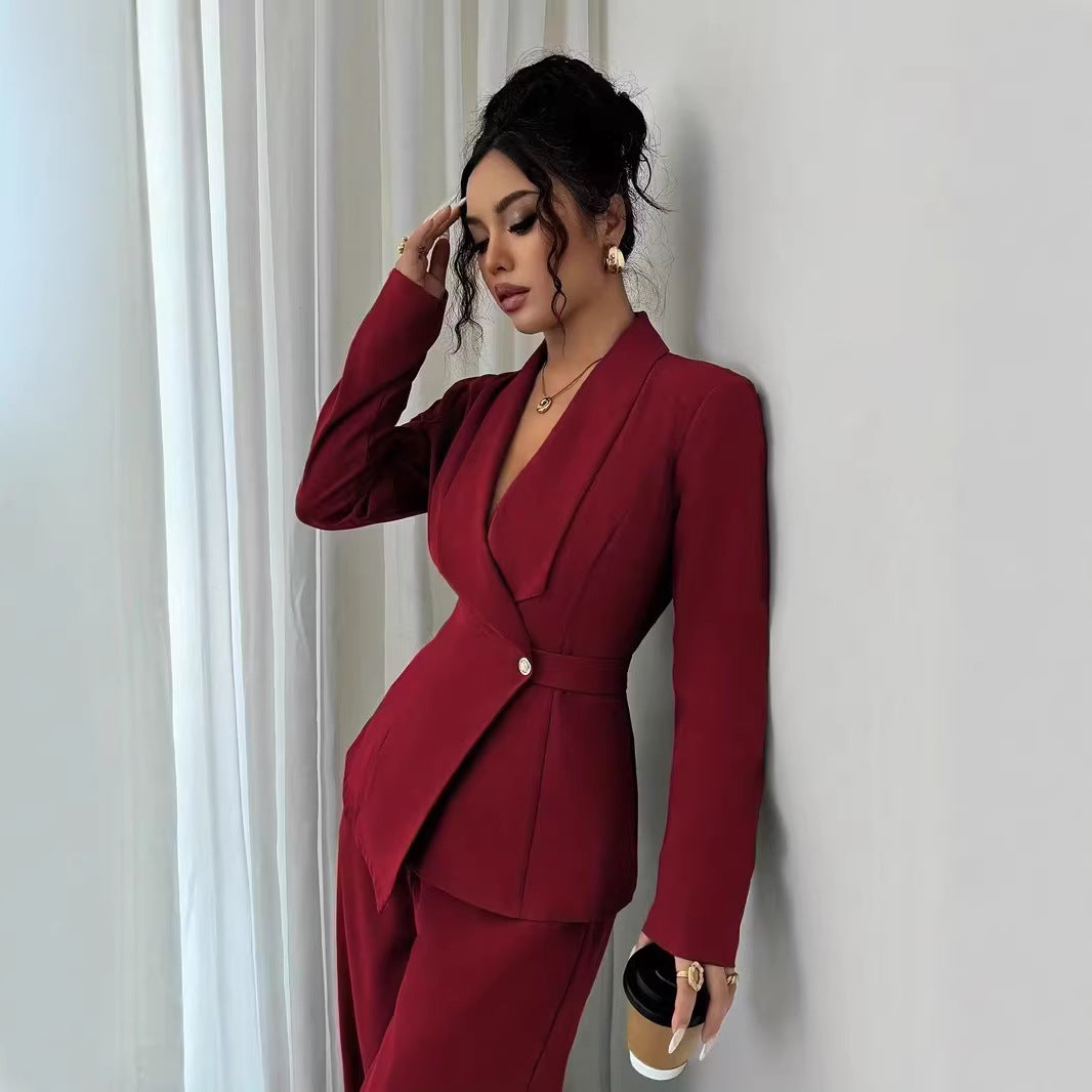 Damen taillierter Businessblazer mit Schalkragen, Gürtelbund und Ein-Knopf-Verschluss – Valéne