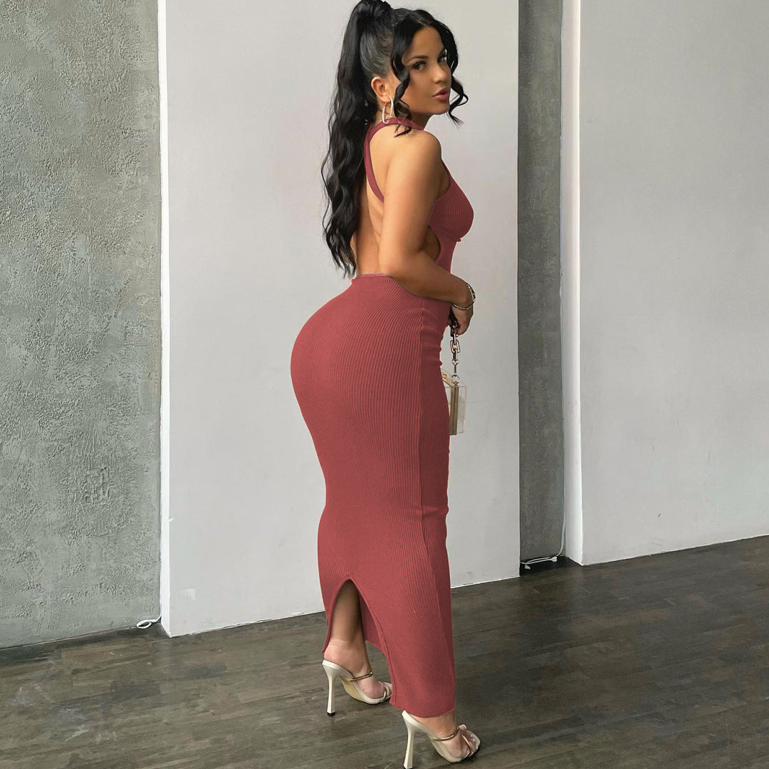 Damen körpernahes Strick-Maxi-Kleid mit raffiniertem Ausschnitt und langen Trägern Echo Archiv