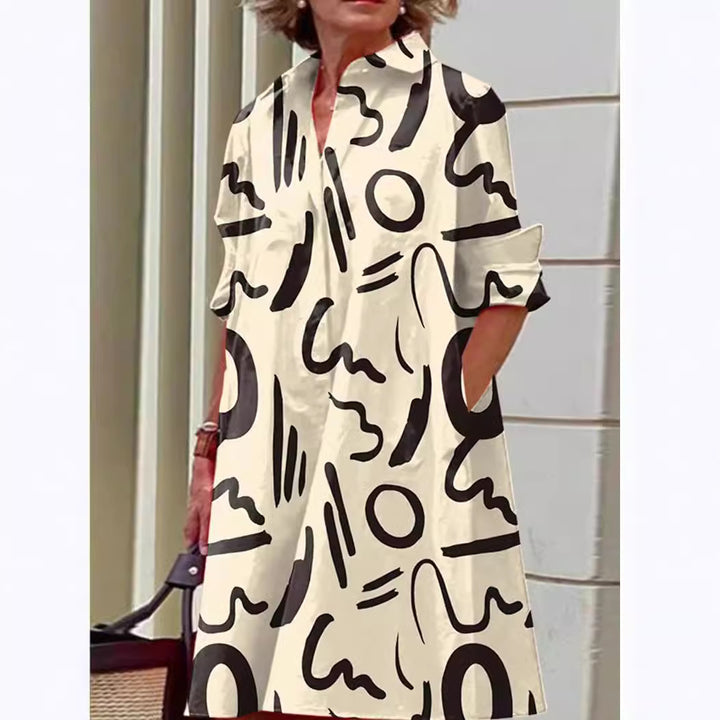 Damen nan A-Linien Hemdblusenkleid mit aufgekrempelten 3/4-Ärmeln und seitlichen Eingrifftaschen Echo Archiv
