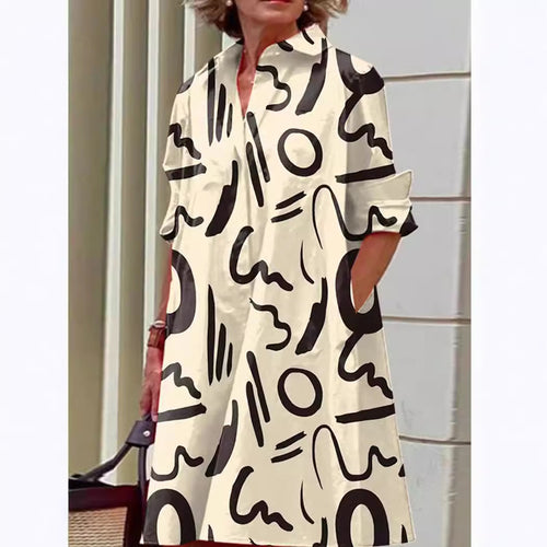 Damen nan A-Linien Hemdblusenkleid mit aufgekrempelten 3/4-Ärmeln und seitlichen Eingrifftaschen Echo Archiv