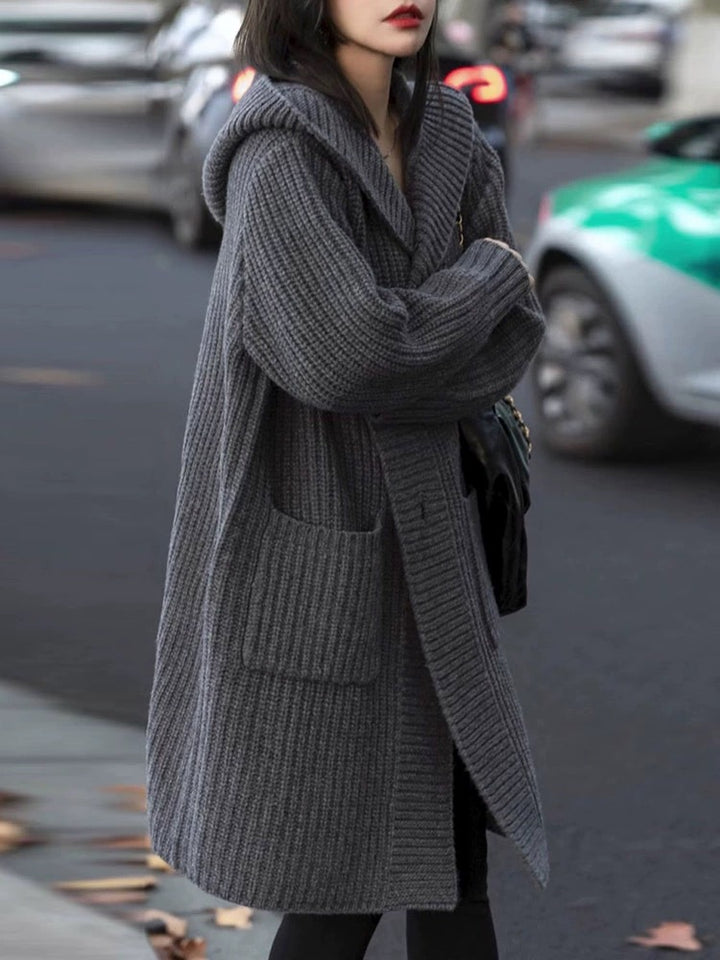 Damen Langer Kapuzen-Cardigan aus grobem Rippstrick mit Eingrifftaschen Echoarchiv