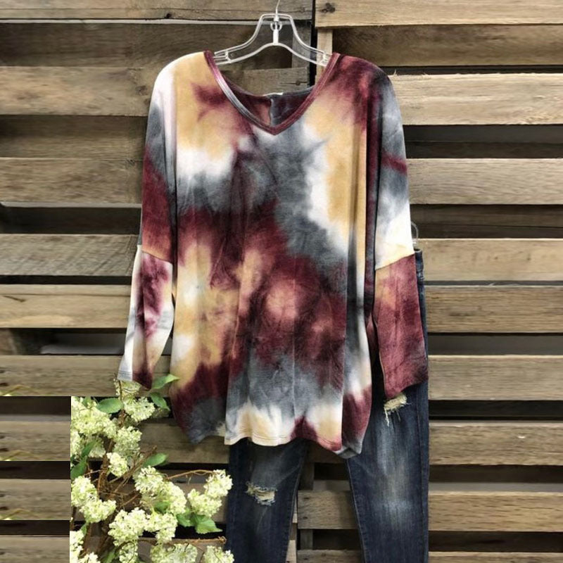 Damen Weiches V-Ausschnitt Longshirt im Aquarell-Batik mit geschwungenem Saum – Avérine