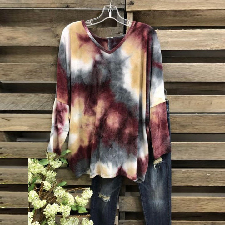 Damen Weiches V-Ausschnitt Longshirt im Aquarell-Batik mit geschwungenem Saum – Avérine