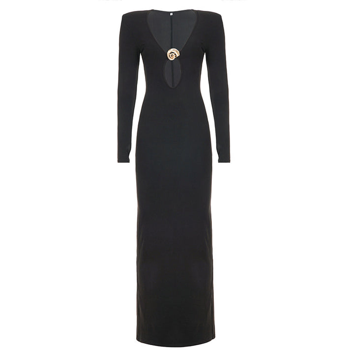 Damen Figurnahes langes Abendkleid mit Cut-Out, tiefem V-Ausschnitt und Zierbrosche – Valéora