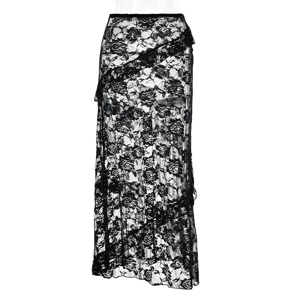 Damen Lange Spitzenrock mit asymmetrischem Rüschenverlauf und eleganter Blumenspitze Echo Archiv