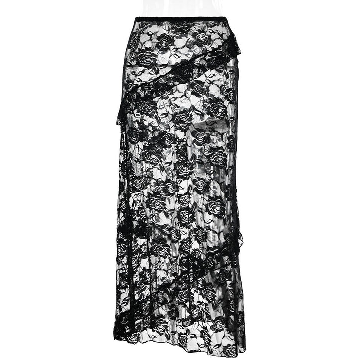 Damen Lange Spitzenrock mit asymmetrischem Rüschenverlauf und eleganter Blumenspitze Echo Archiv