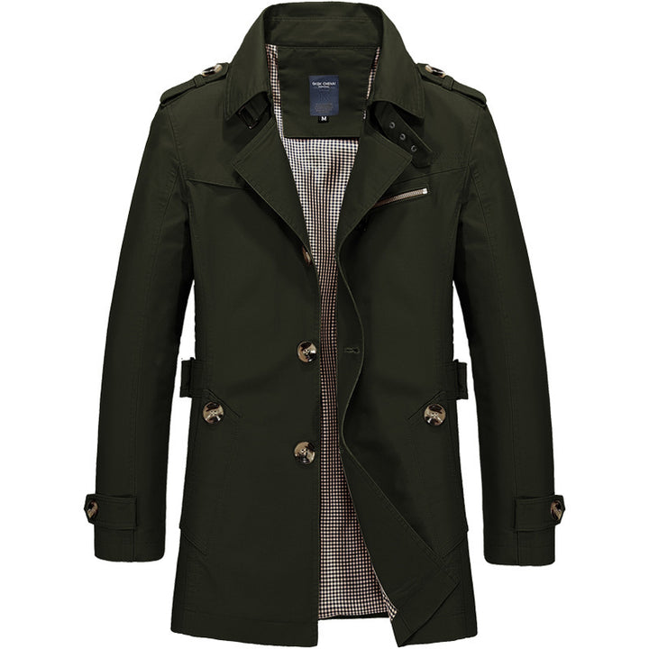 Herren Trenchcoat-Mantel im Fieldstil mit Stehkragen, Schulterklappen und karierter Innenfütterung Echo Archiv