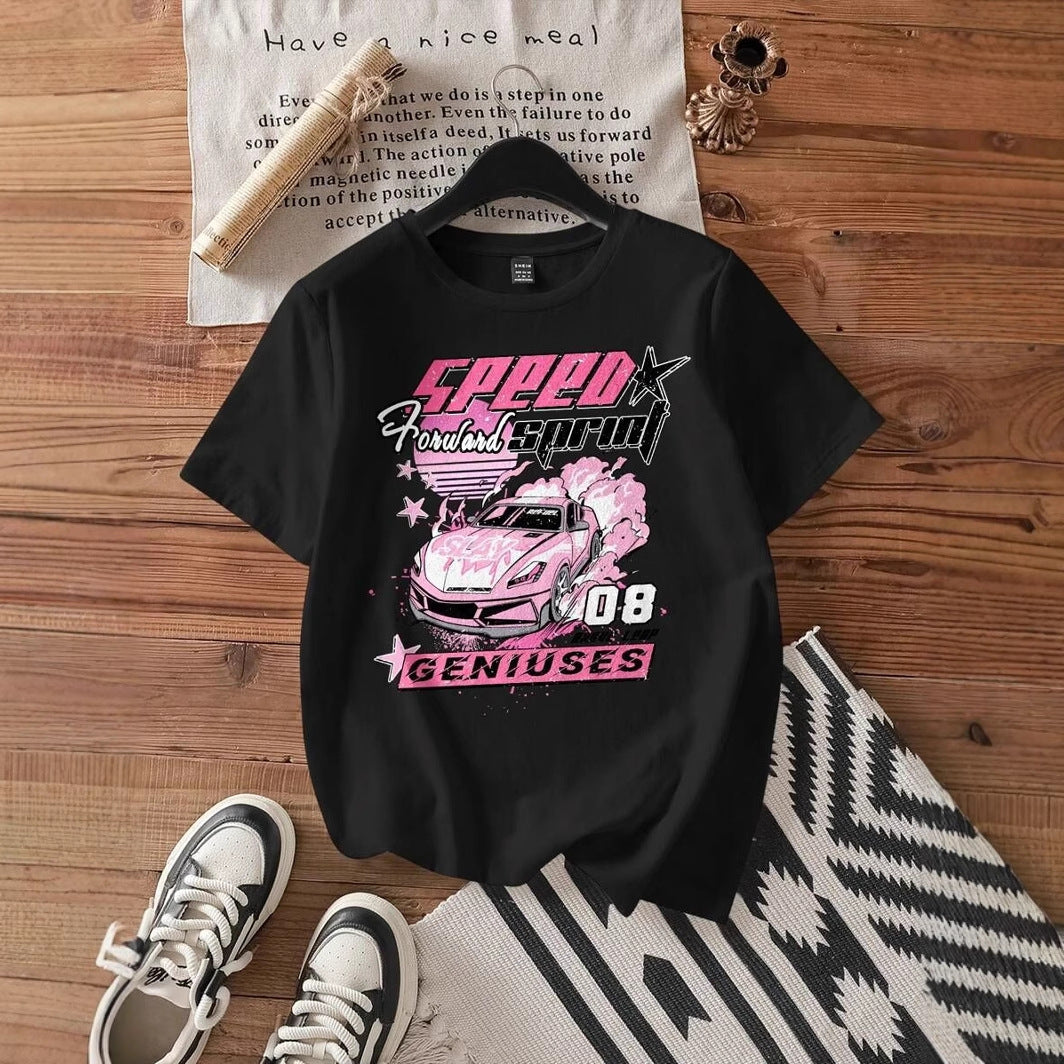 Damen T-Shirt mit kreativem Auto-Motiv und urbanem Schriftzug Echo Archiv