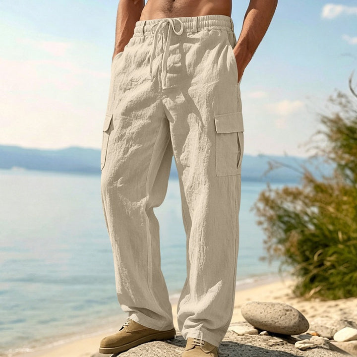 Herren nan entspannt geschnittene Strand-Cargohose aus Leinenblend mit elastischem Tunnelzug und zweifacher Klapptasche Echo Archiv