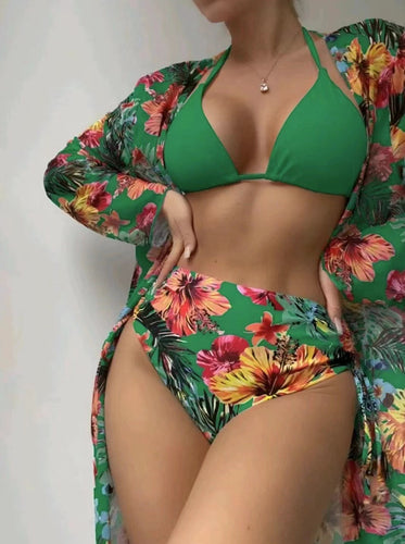 Damen Hochgeschnittener Bikini mit floralem Design und raffiniertem Wickeloberteil Echo Archiv
