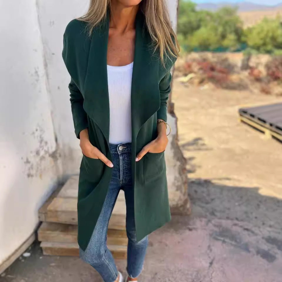 Damen Offener Longcardigan-Mantel mit Schalkragen und Eingrifftaschen – Veloura