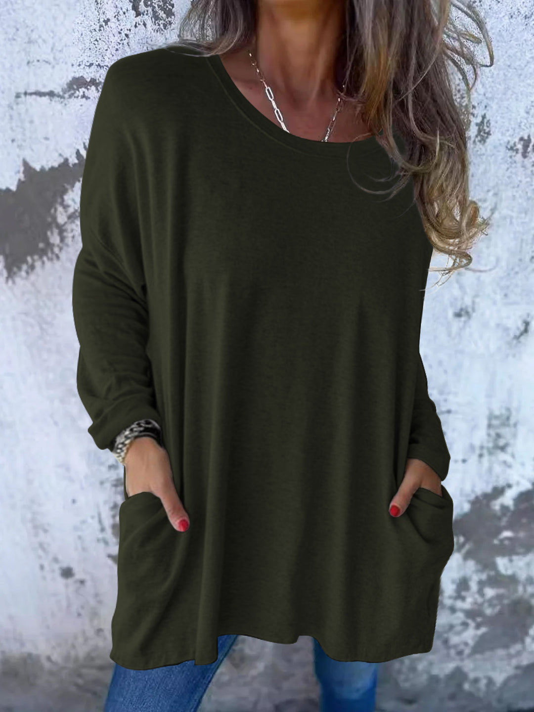 Damen Weiches Oversize Langarmshirt mit Rundhalsausschnitt, Lässigen Ärmeln und Seitentaschen – Avérine