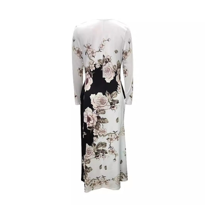 Damen Maxikleid mit floralem Allover-Print, A‑Linie, Langarm und Schlitzdetail – Valéora