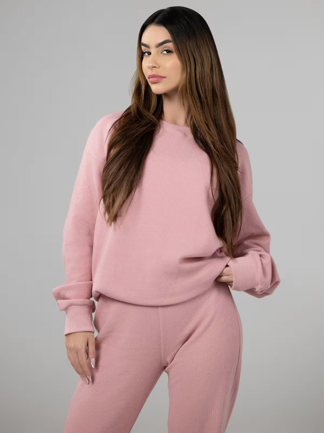 Damen Waffelstrick-Loungewear-Set mit Oversized-Sweater und Kordel-Jogginghose – Avérine