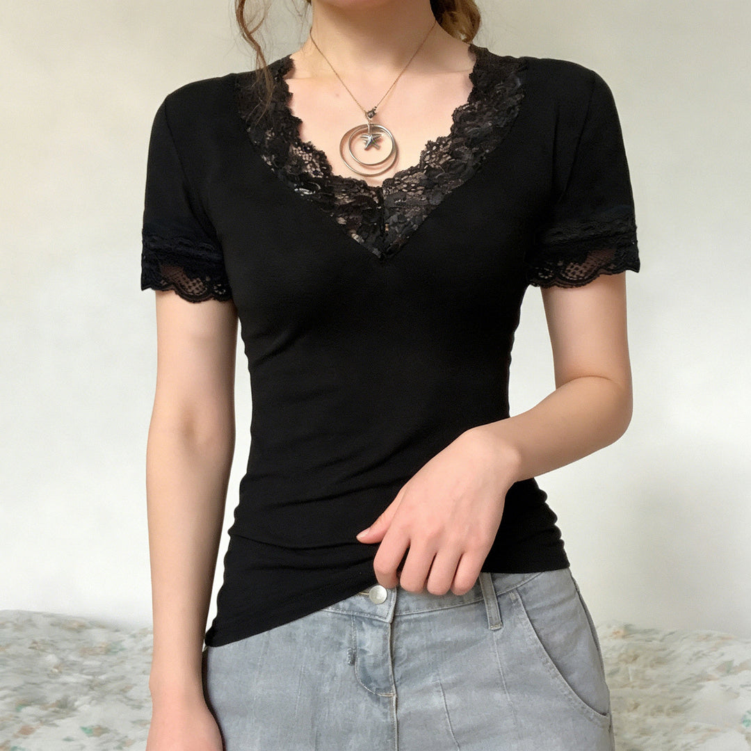 Damen Elegantes Spitzen-T-Shirt mit V-Ausschnitt und Kurzarm Echo Archiv