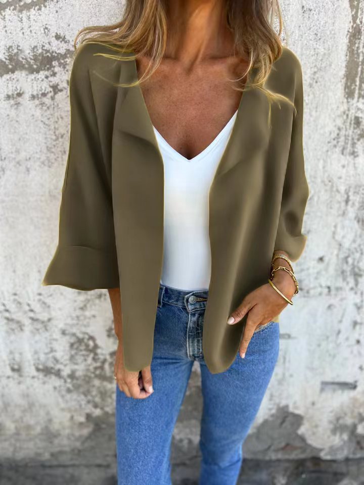 Damen nan legerer offener Strickcardigan mit Schalkragen krempelbaren Ärmeln und kastiger Silhouette Echo Archiv