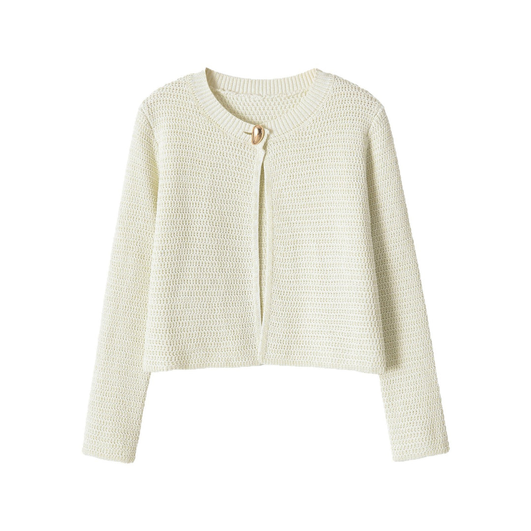 Damen Kurze gehäkelte Boxy-Strickjacke mit dekorativem Schmuckverschluss Echoarchiv