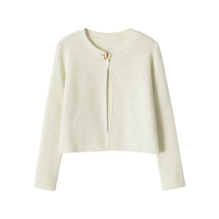 Damen Kurze gehäkelte Boxy-Strickjacke mit dekorativem Schmuckverschluss Echoarchiv