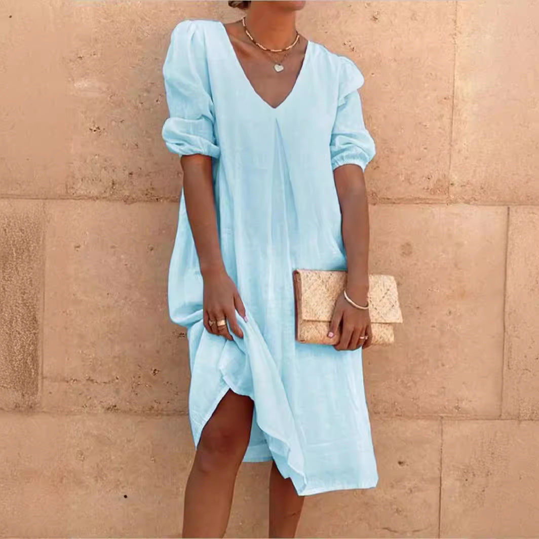 Damen lässiges Leinenkleid mit V-Ausschnitt und Puffärmeln – Lunéa