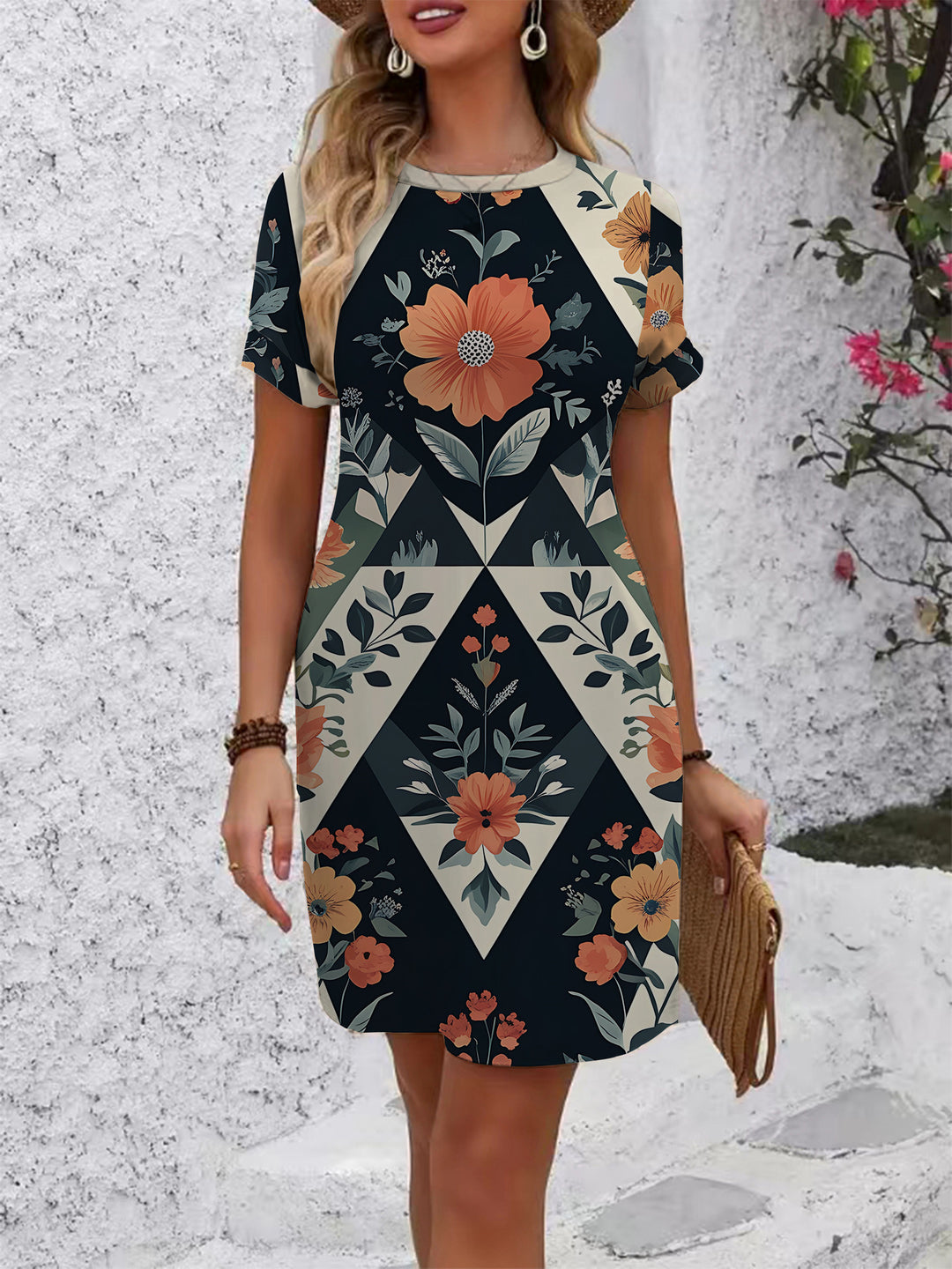 Damen lässiges Kurzarmkleid mit modernem Hahnentrittmuster und bequemer Passform Echo Archiv