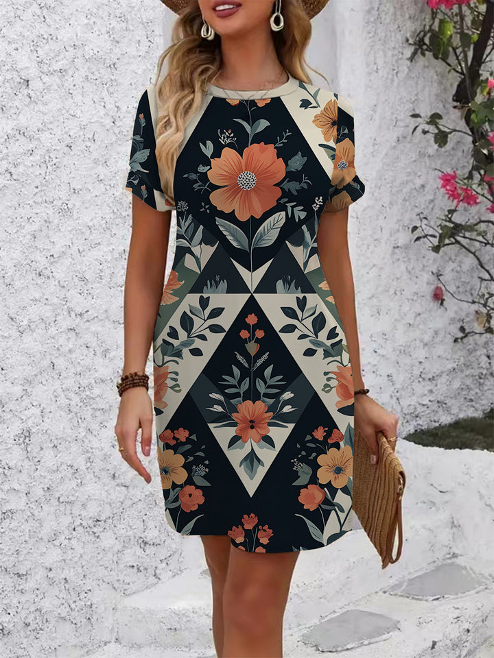 Damen lässiges Kurzarmkleid mit modernem Hahnentrittmuster und bequemer Passform Echo Archiv