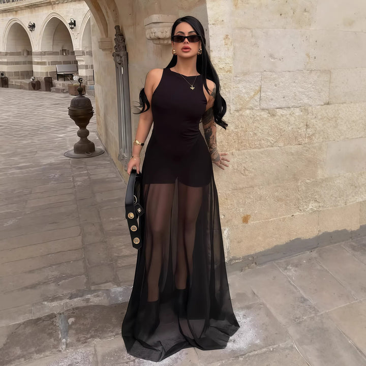 Damen Elegantes Maxi-Kleid mit transparentem Chiffon-Überwurf und figurbetontem Inneren Echo Archiv