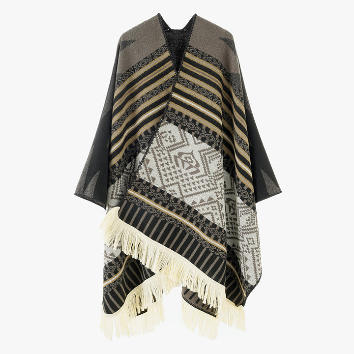 Damen Gewebter Jacquard-Poncho mit V-Ausschnitt, Ethno‑Print und Fransen – Avérine