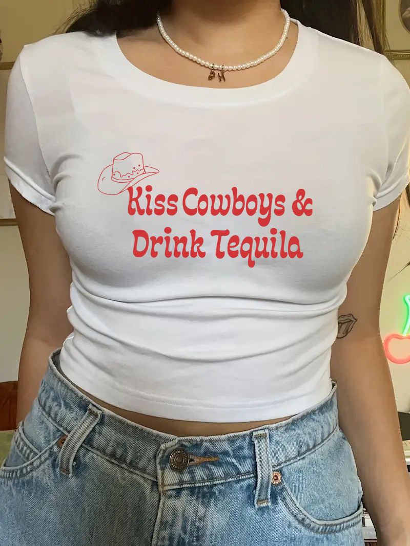 Damen Crop-T-Shirt mit kreativem Motiv und figurbetontem Schnitt Echo Archiv