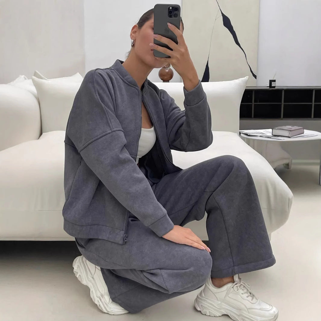 Damen lässiges Zip-Lounge-Set mit Stehkragen und weitem Highwaist-Joggpant – Auréline