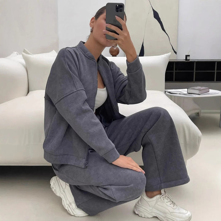 Damen lässiges Zip-Lounge-Set mit Stehkragen und weitem Highwaist-Joggpant – Auréline