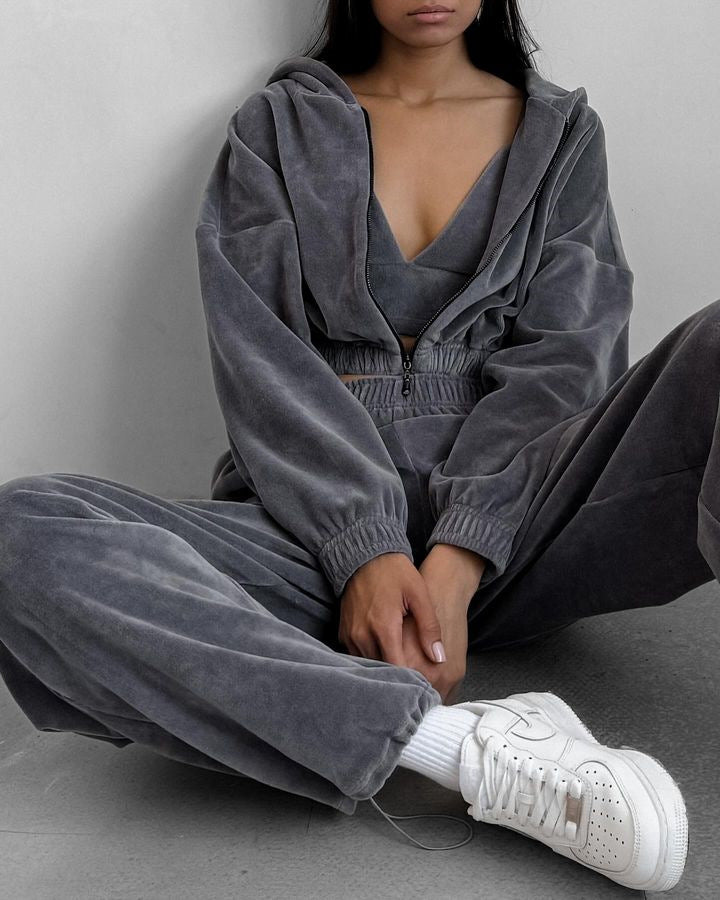 Damen nan Samt-Loungewear-Zweiteiler mit kurzem Frontzip, elastischem Komfortbund und weitem Hosenbein Echo Archiv