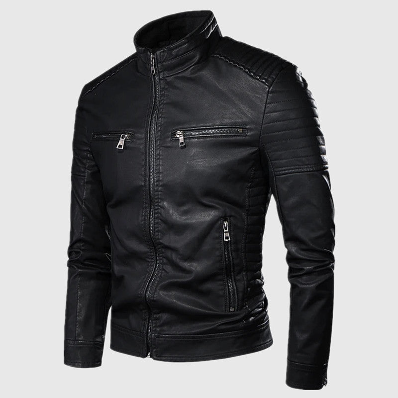 Herren Slim-Fit Biker-Lederjacke mit Stehkragen und gesteppter Schulterpartie Echoarchiv